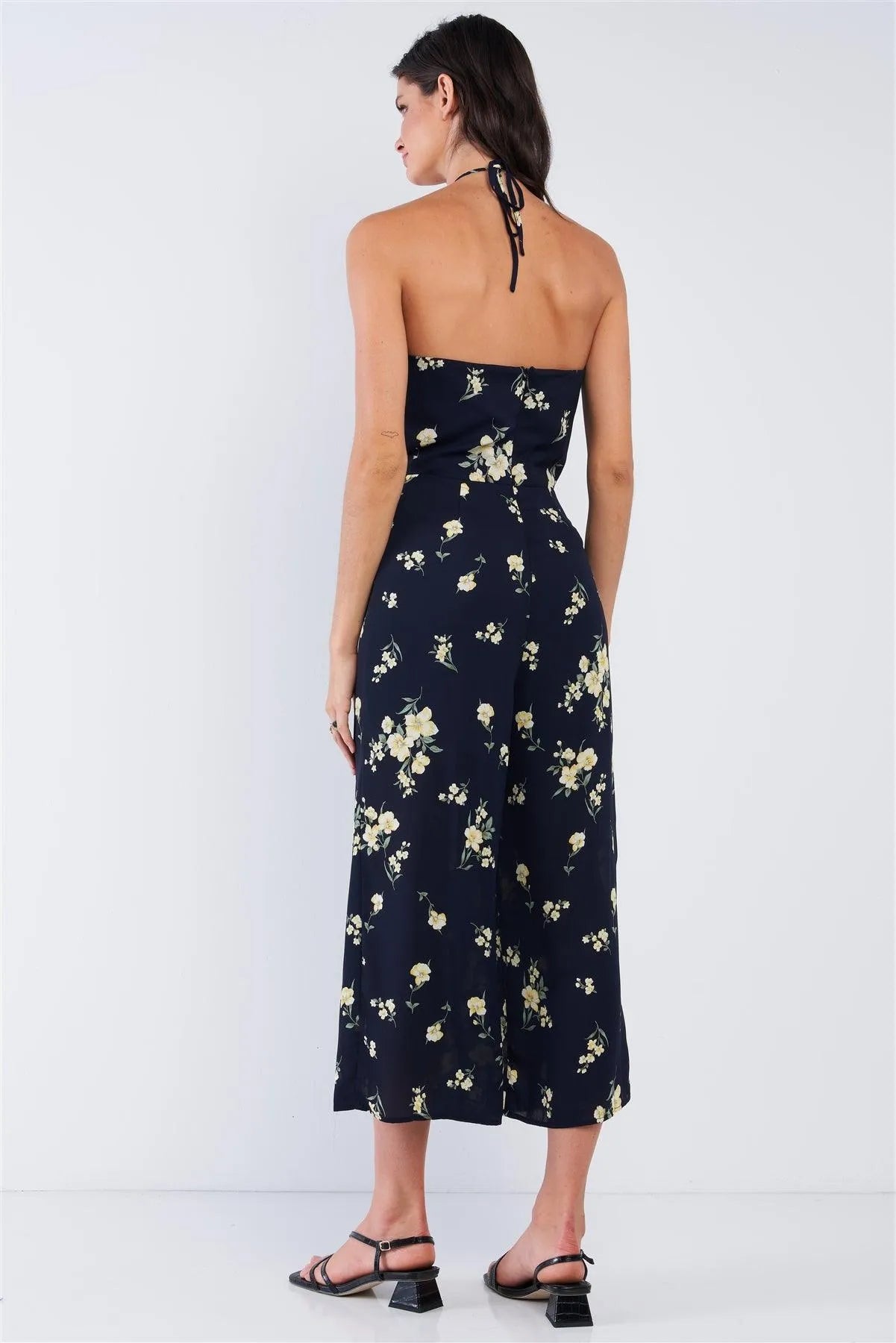 Navy Blue Floral Print Sleeveless Gathered Chest Detail Open Back Halter Neck Tie Wide Leg Mini Jumpsuit /1-2-2-1 - Tasha Apparel Wholesale
