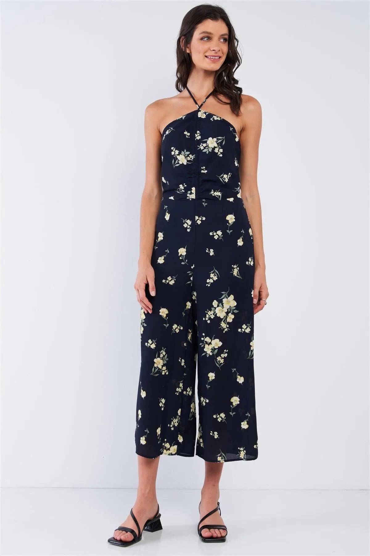 Navy Blue Floral Print Sleeveless Gathered Chest Detail Open Back Halter Neck Tie Wide Leg Mini Jumpsuit - Tasha Apparel Wholesale