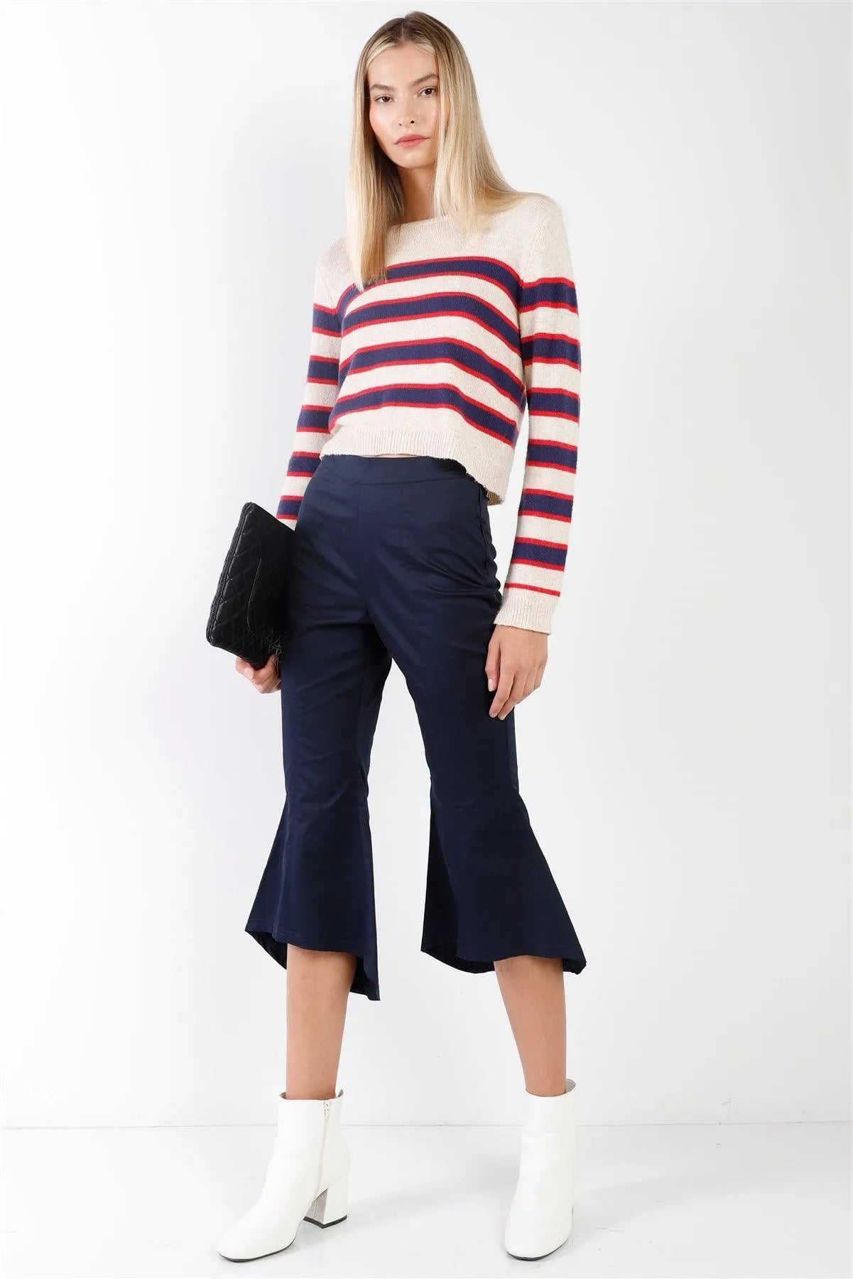 Navy Solid High Waisted Retro Flare Pants /2-2 - Tasha Apparel Wholesale
