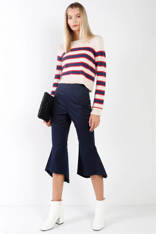 Navy Solid High Waisted Retro Flare Pants /2-2 - Tasha Apparel Wholesale