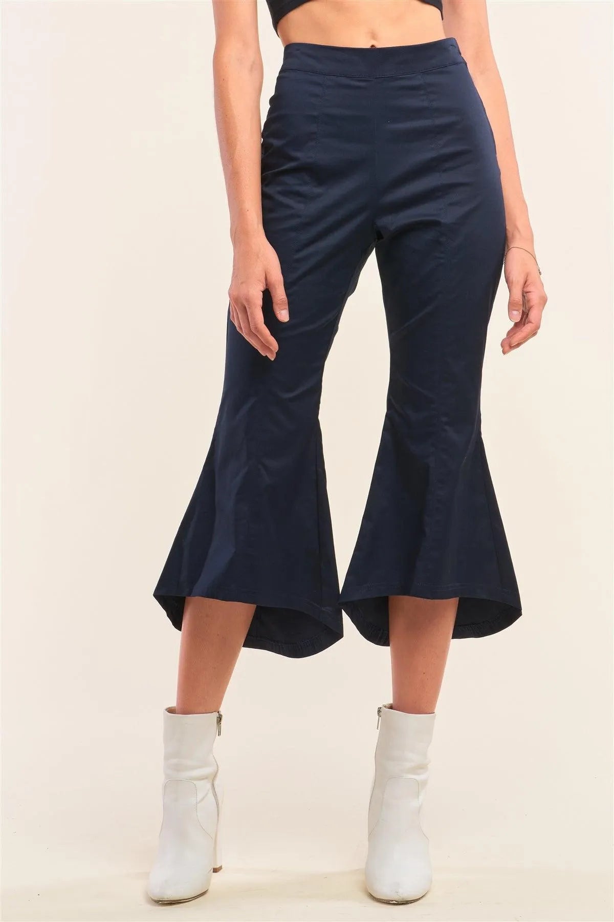 Navy Solid High Waisted Retro Bell Bottom Flare Pants /1-2-2-1 - Tasha Apparel Wholesale