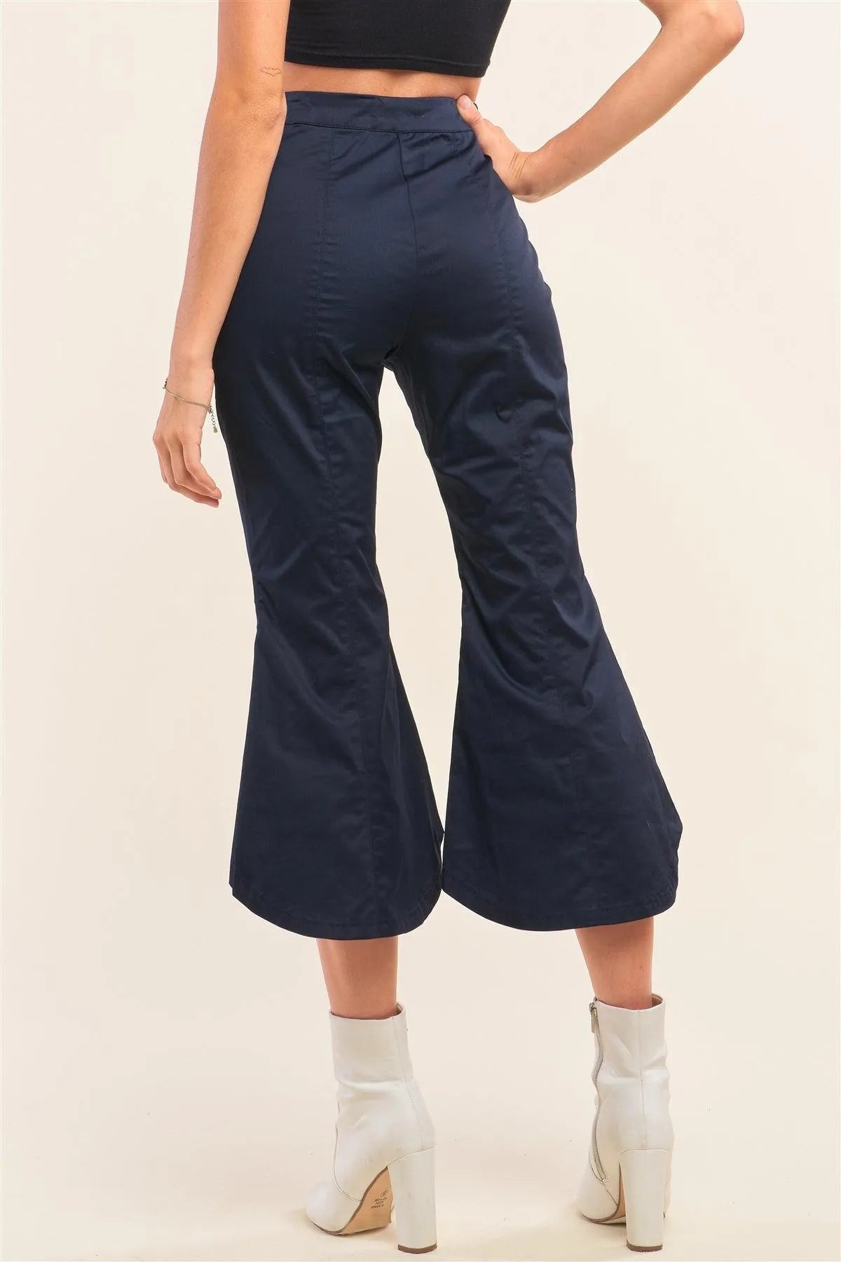 Navy Solid High Waisted Retro Bell Bottom Flare Pants /1-2-2-1 - Tasha Apparel Wholesale