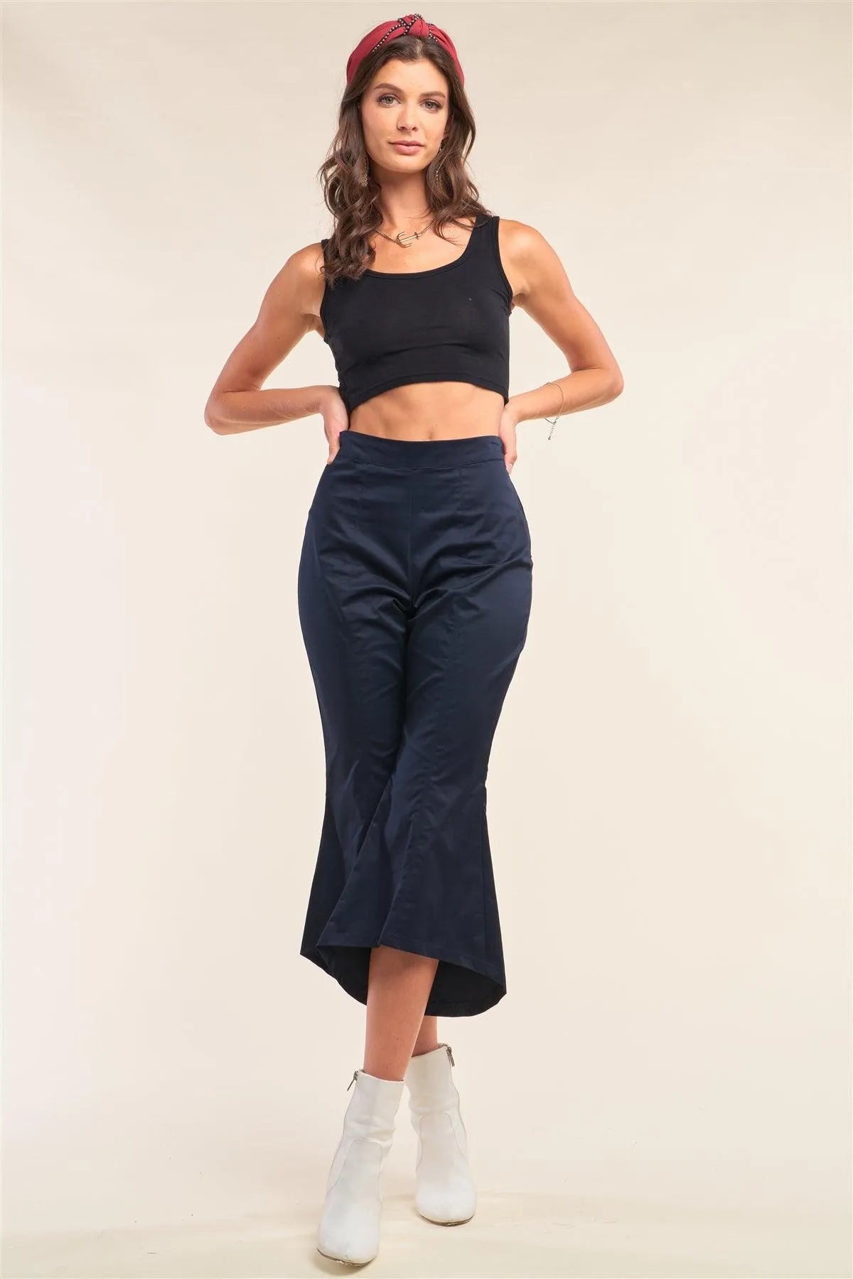 Navy Solid High Waisted Retro Bell Bottom Flare Pants /1-2-2-1 - Tasha Apparel Wholesale