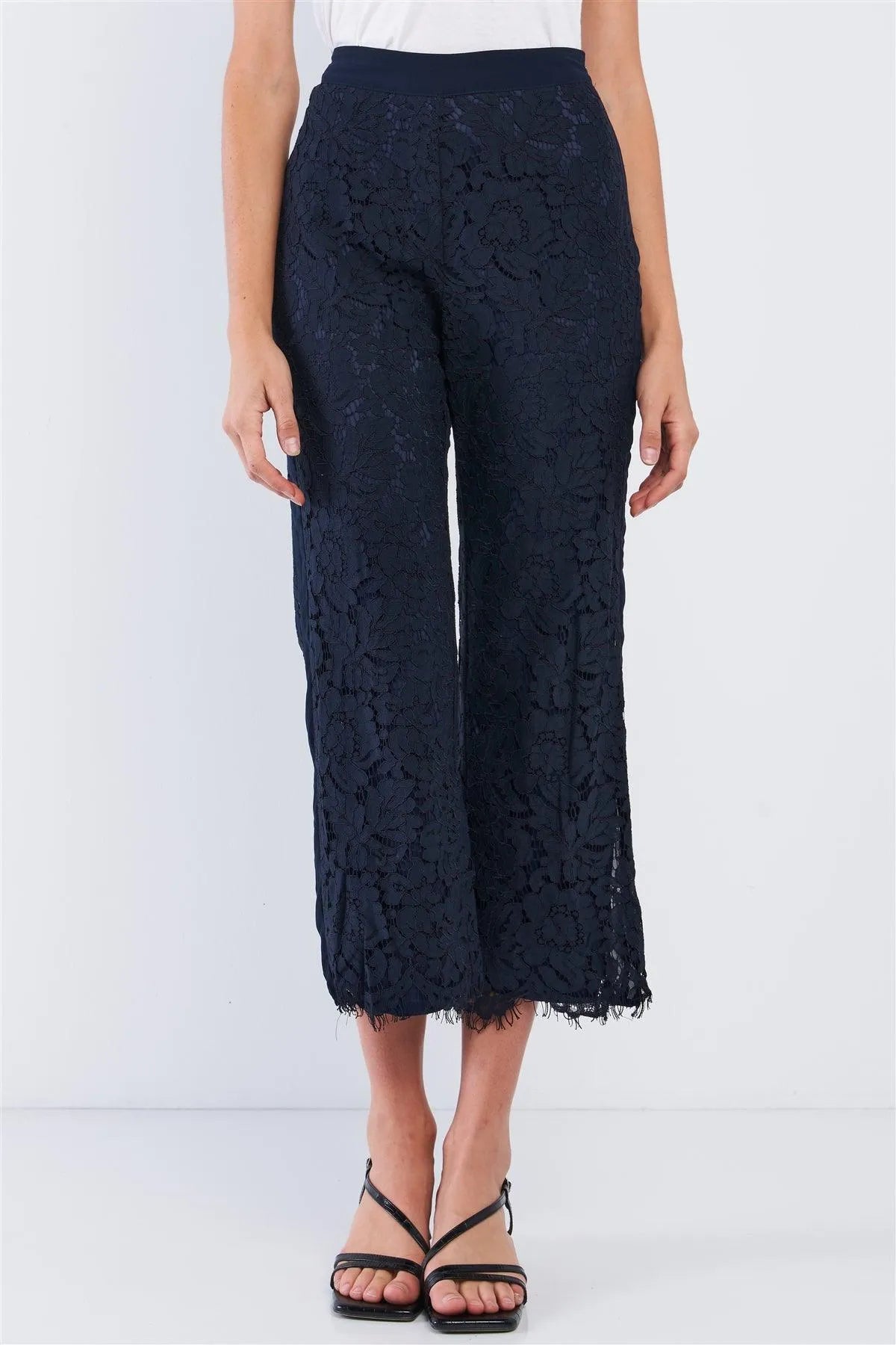 Navy Lace Embroidery High Waist Summer Capri Pants /3-3-2 - Tasha Apparel Wholesale