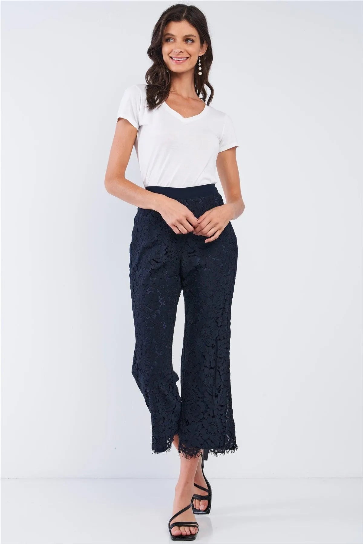 Navy Lace Embroidery High Waist Summer Capri Pants /3-3-2 - Tasha Apparel Wholesale