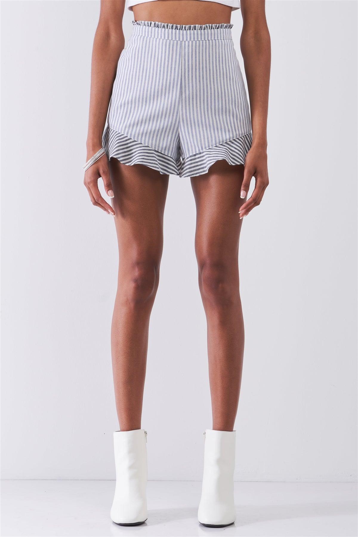 The Hamptons Vibe Blue & White Multi-Striped High Waist Ruffle Hem Mini Shorts /1-2-2-1