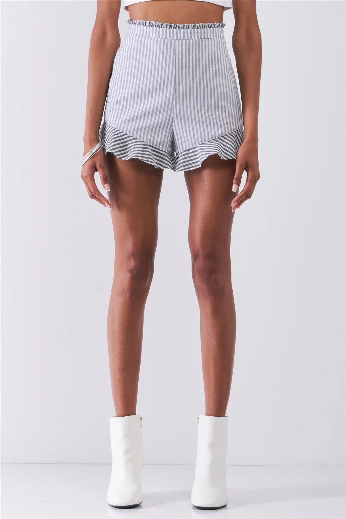 The Hamptons Vibe Blue & White Multi-Striped High Waist Ruffle Hem Mini Shorts /1-2-2-1 - Tasha Apparel Wholesale