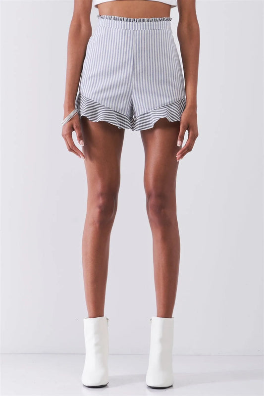The Hamptons Vibe Blue & White Multi-Striped High Waist Ruffle Hem Mini Shorts /1-2-2-1 - Tasha Apparel Wholesale