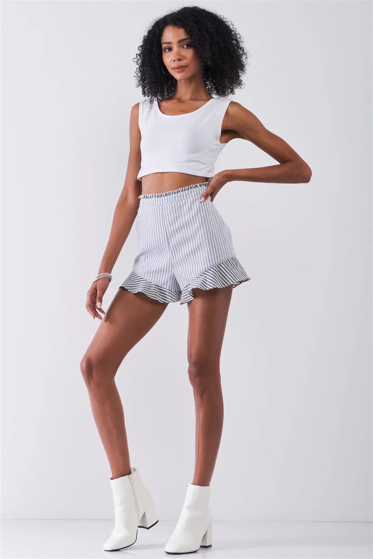 The Hamptons Vibe Blue & White Multi-Striped High Waist Ruffle Hem Mini Shorts /1-2-2-1 - Tasha Apparel Wholesale