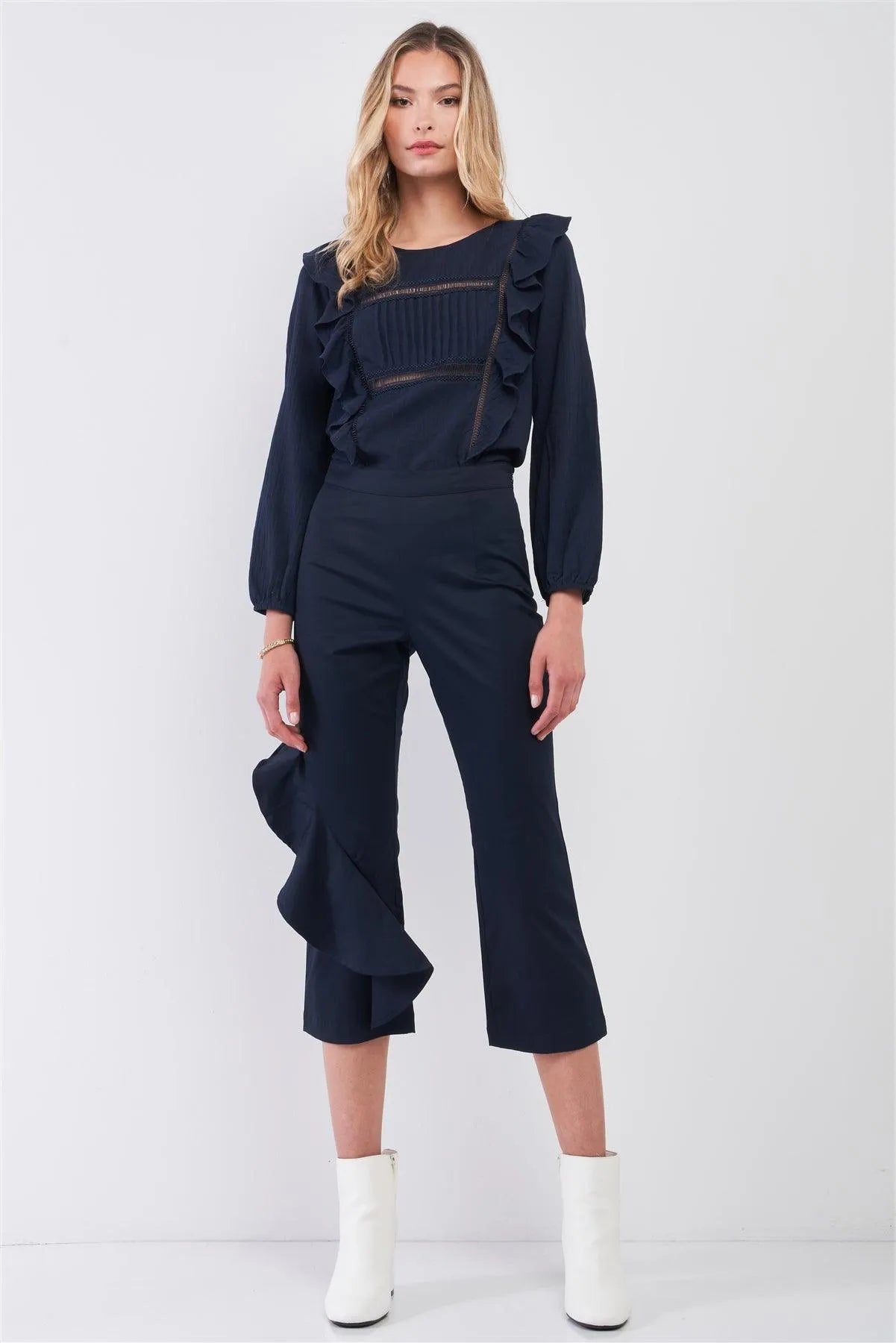 Navy High Waist Ruffle Trim Detail Bell Bottom Capri Pants /1-3-3 - Tasha Apparel Wholesale