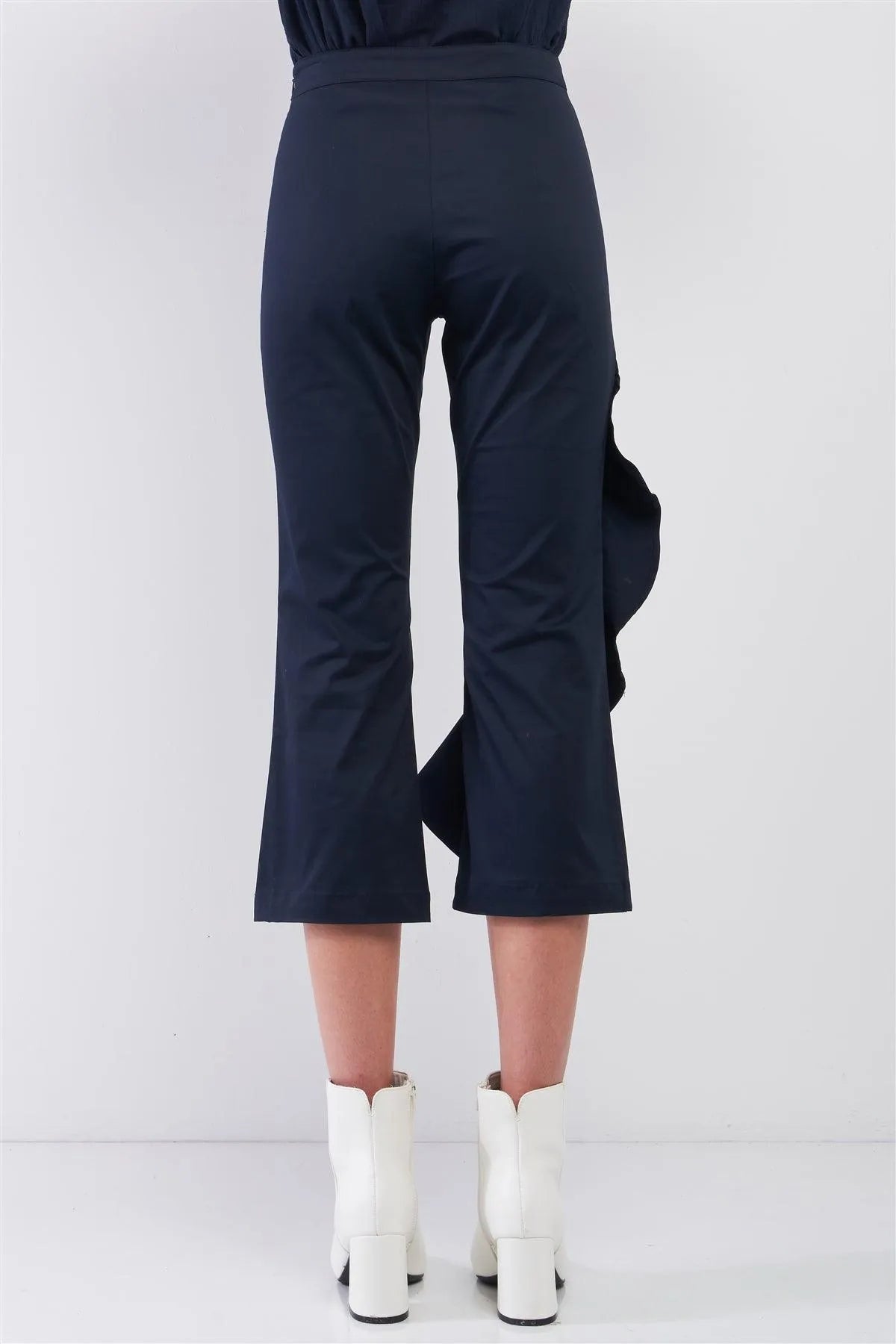 Navy High Waist Ruffle Trim Detail Bell Bottom Capri Pants /1-3-3 - Tasha Apparel Wholesale