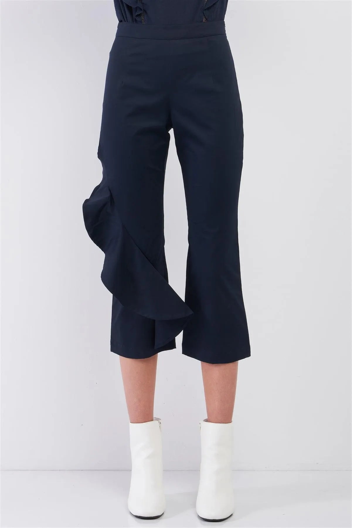 Navy High Waist Ruffle Trim Detail Bell Bottom Capri Pants /1-3-3 - Tasha Apparel Wholesale