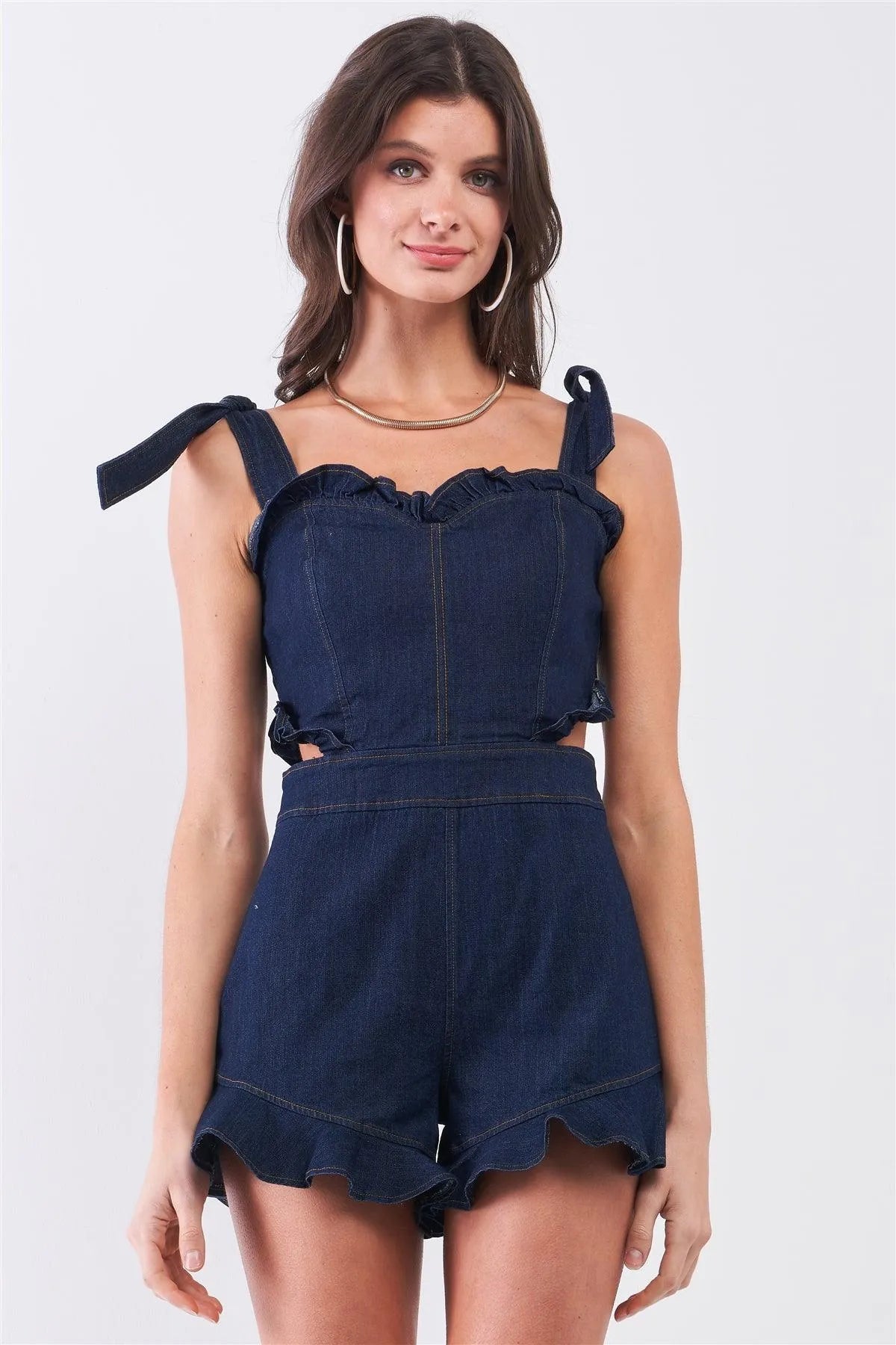 Dark Denim Sleeveless Sweetheart Neckline Ruffled Hem Side Cut-Out Detail Self-Tie Shoulder Straps Romper /3-2 - Tasha Apparel Wholesale