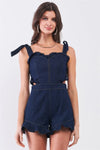Dark Denim Sleeveless Sweetheart Neckline Ruffled Hem Side Cut-Out Detail Self-Tie Shoulder Straps Romper /2-2-1-1 - Tasha Apparel Wholesale