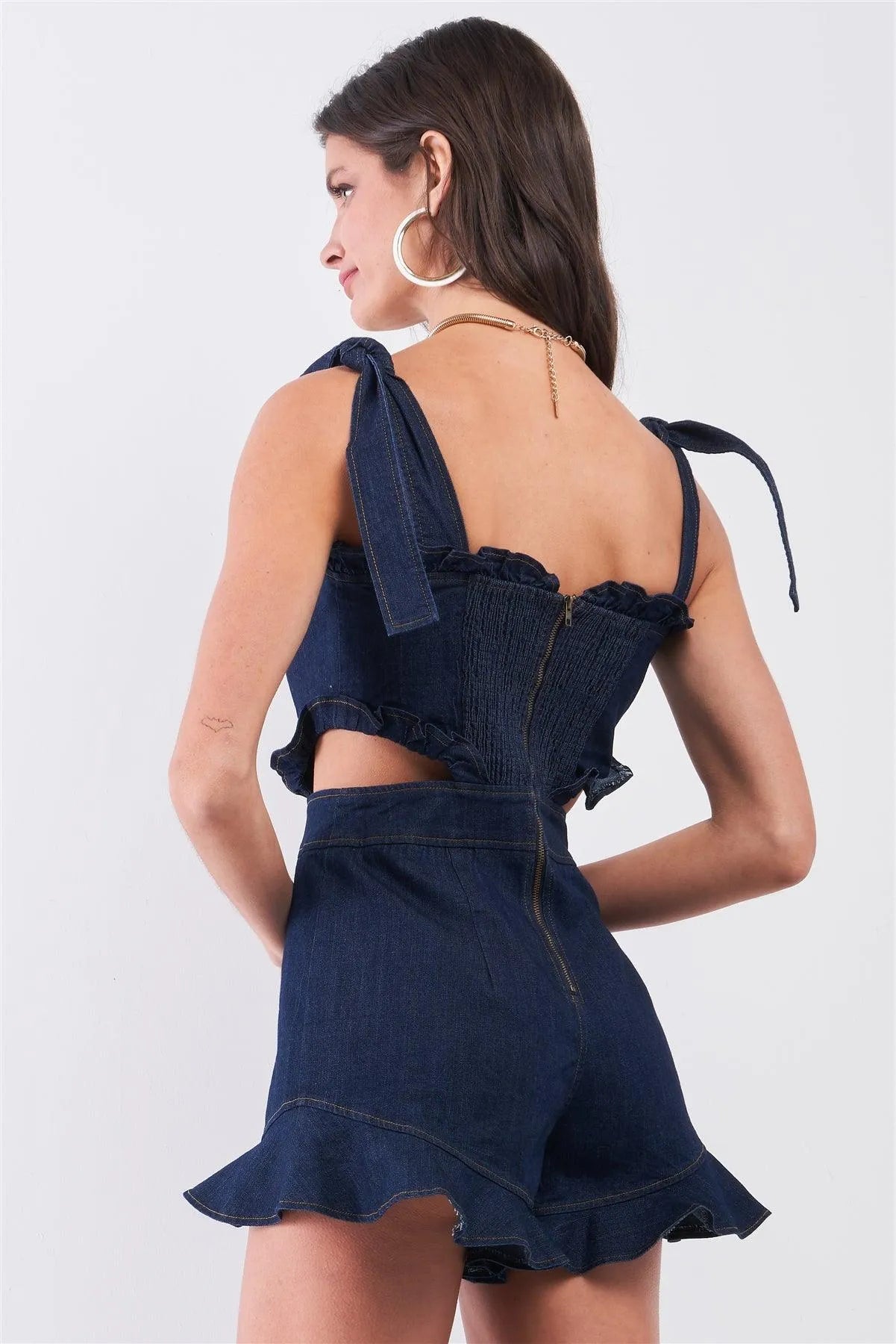 Dark Denim Sleeveless Sweetheart Neckline Ruffled Hem Side Cut-Out Detail Self-Tie Shoulder Straps Romper /2-2-1-1 - Tasha Apparel Wholesale
