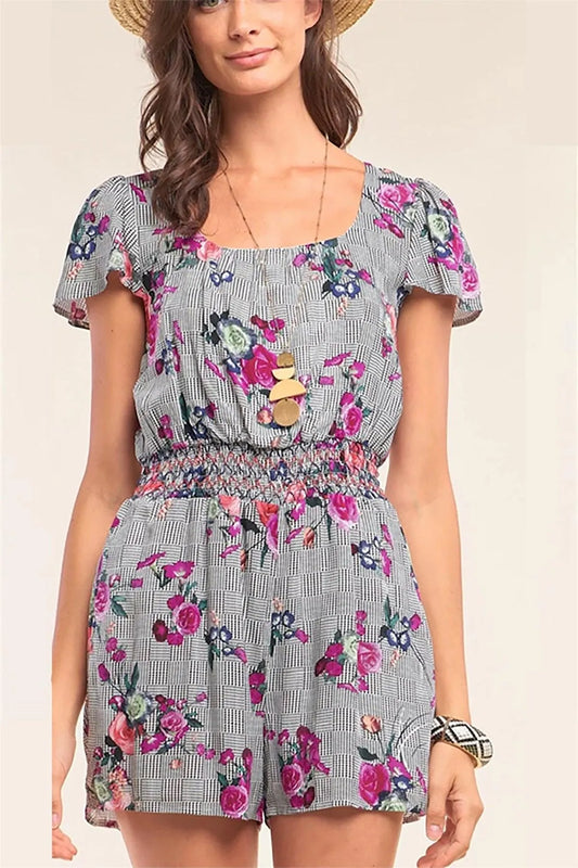 Multi Color Checkered Floral Print Sort Sleeve Eyelet Embroidery Waistline Scoop Neck Romper - Tasha Apparel Wholesale