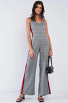 Grey Checkered V-Neck Sleeveless Red&White Accent Side Stripe Wide Leg Jumpsuit /1-2-2-1 - Tasha Apparel Wholesale