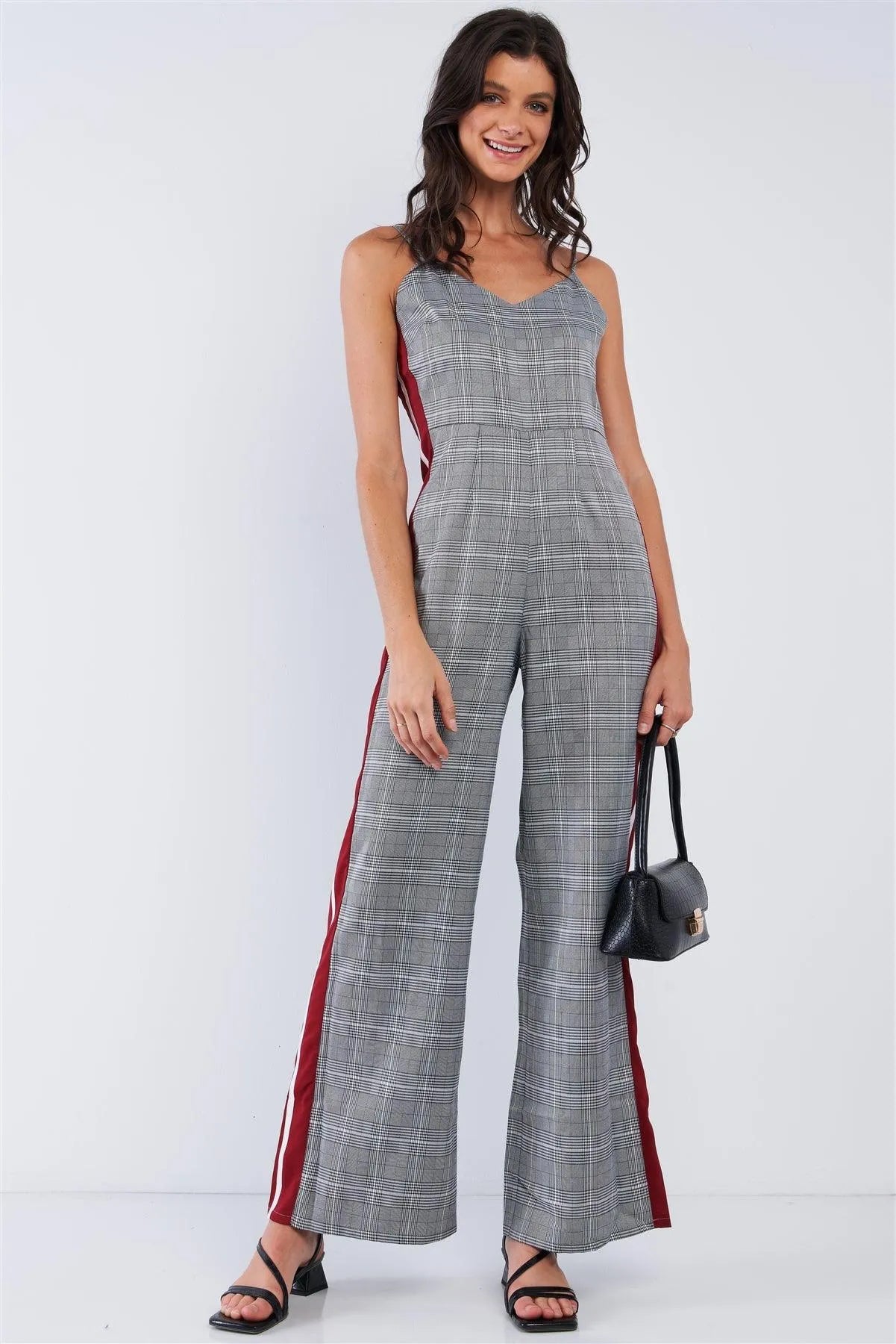 Grey Checkered V-Neck Sleeveless Red&White Accent Side Stripe Wide Leg Jumpsuit /1-2-2-1 - Tasha Apparel Wholesale