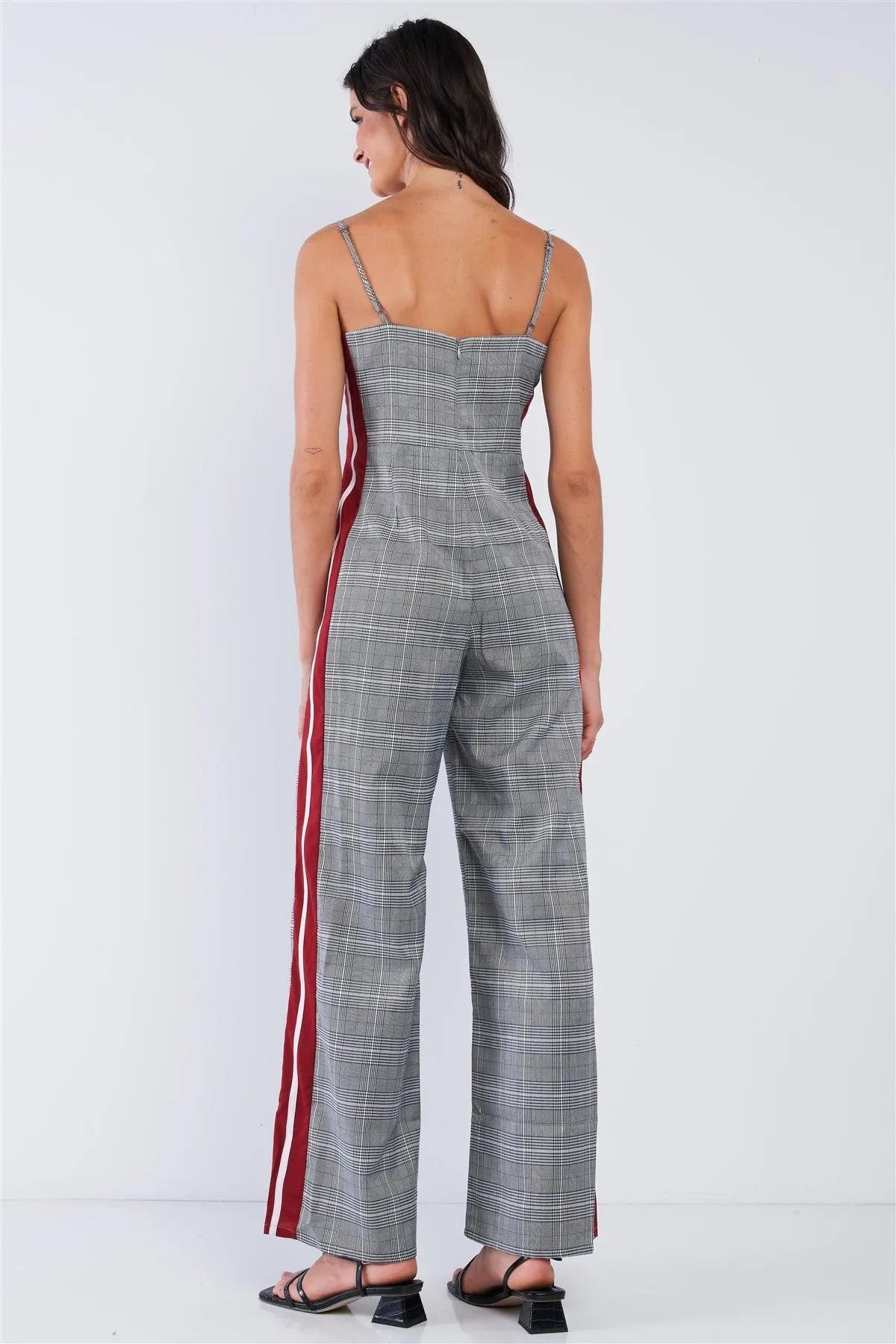 Grey Checkered V-Neck Sleeveless Red&White Accent Side Stripe Wide Leg Jumpsuit /1-2-2-1 - Tasha Apparel Wholesale