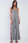 Grey Checkered V-Neck Sleeveless Red&White Accent Side Stripe Wide Leg Jumpsuit /1-2-3 - Tasha Apparel Wholesale