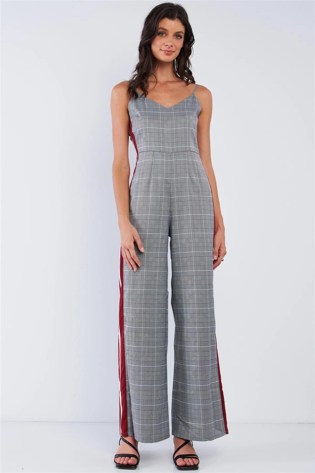 Grey Checkered V-Neck Sleeveless Red&White Accent Side Stripe Wide Leg Jumpsuit /1-2-3 - Tasha Apparel Wholesale