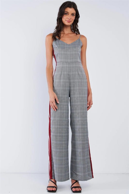 Grey Checkered V-Neck Sleeveless Red&White Accent Side Stripe Wide Leg Jumpsuit /1-2-3 - Tasha Apparel Wholesale