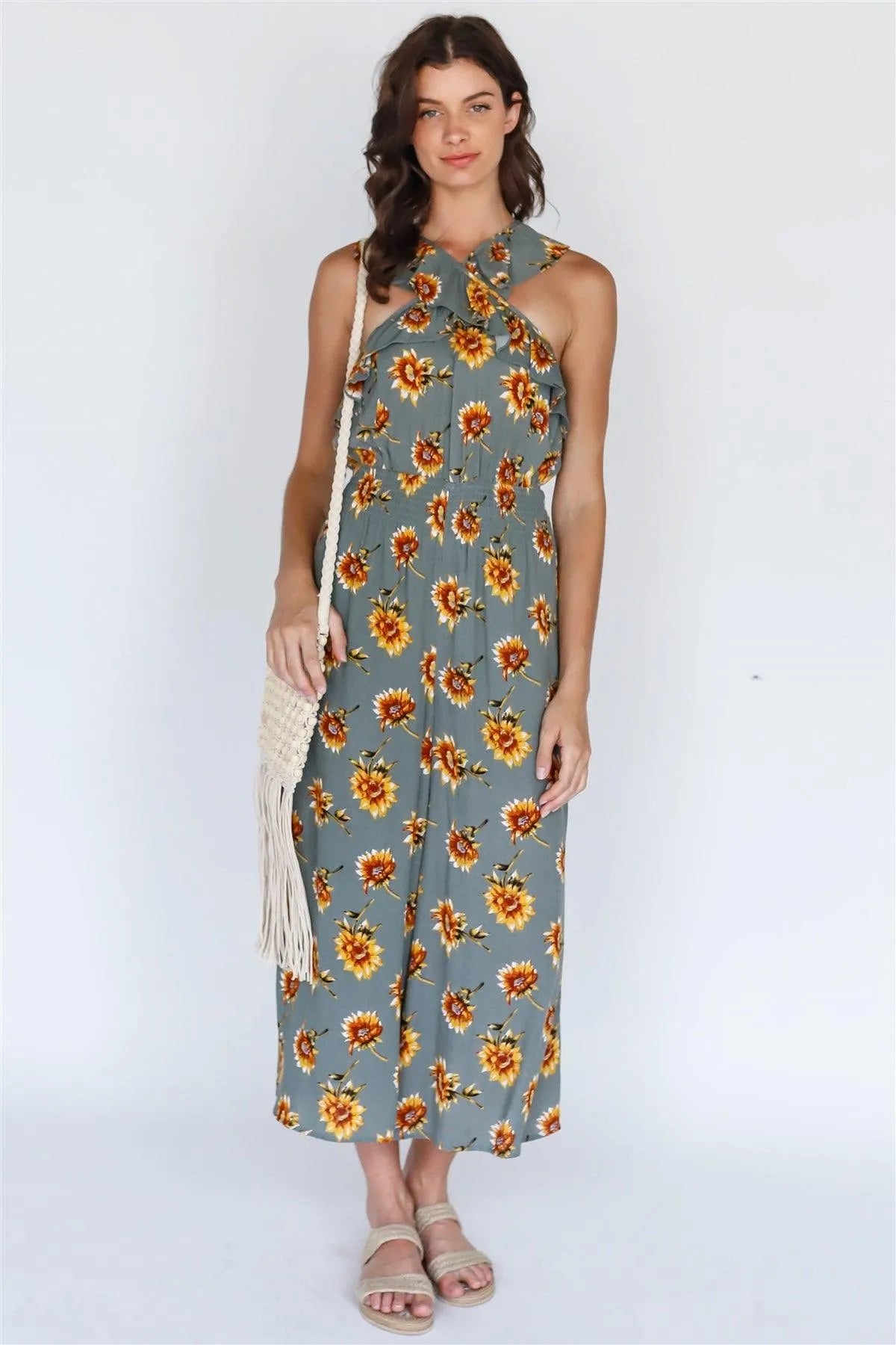 Olive Sunflower Print Crisscross Ruffle Trim Strap Culotte Leg Romper - Tasha Apparel Wholesale