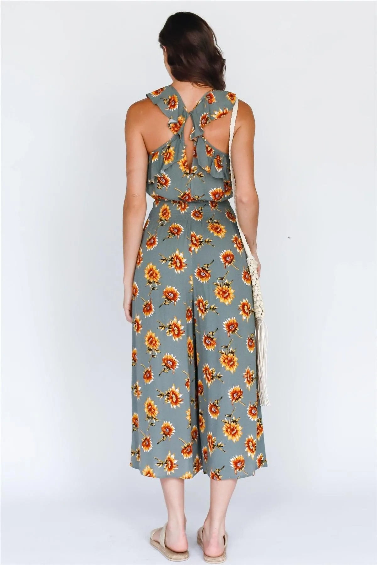 Olive Sunflower Print Crisscross Ruffle Trim Strap Culotte Leg Romper - Tasha Apparel Wholesale