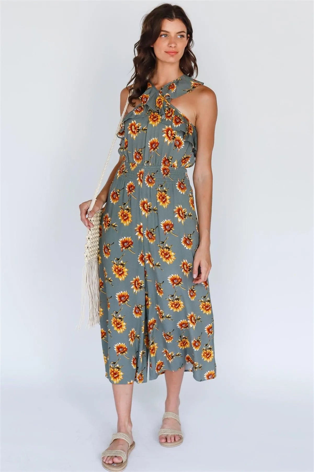 Olive Sunflower Print Crisscross Ruffle Trim Strap Culotte Leg Romper - Tasha Apparel Wholesale