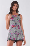 Purple & Multi Floral Print Sleeveless Square Neck Lace Trim Romper /1-2-2-1 - Tasha Apparel Wholesale