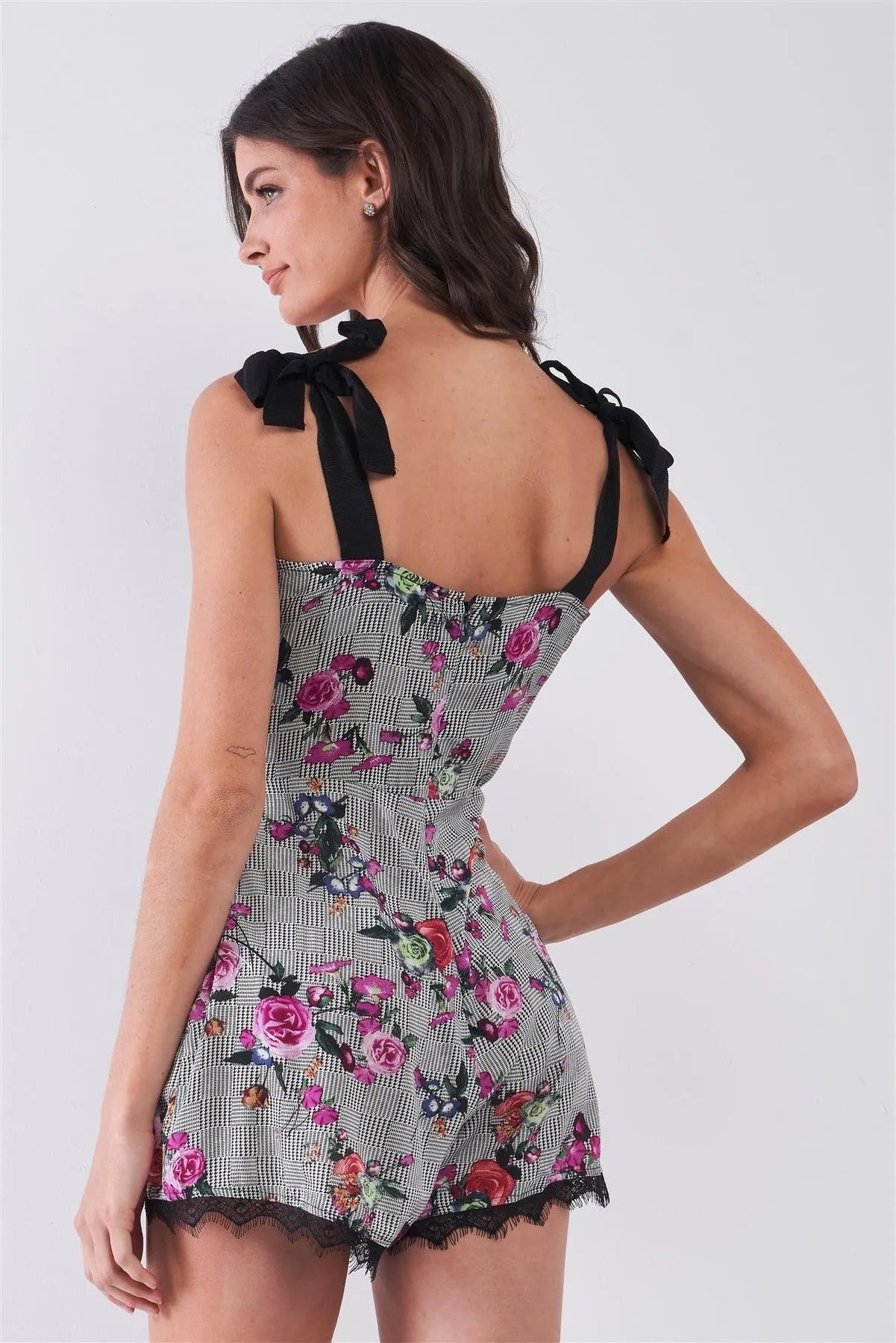 Purple & Multi Floral Print Sleeveless Square Neck Lace Trim Romper /1-2-2-1 - Tasha Apparel Wholesale