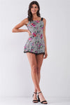 Purple & Multi Floral Print Sleeveless Square Neck Lace Trim Romper /2-1-2-1 - Tasha Apparel Wholesale