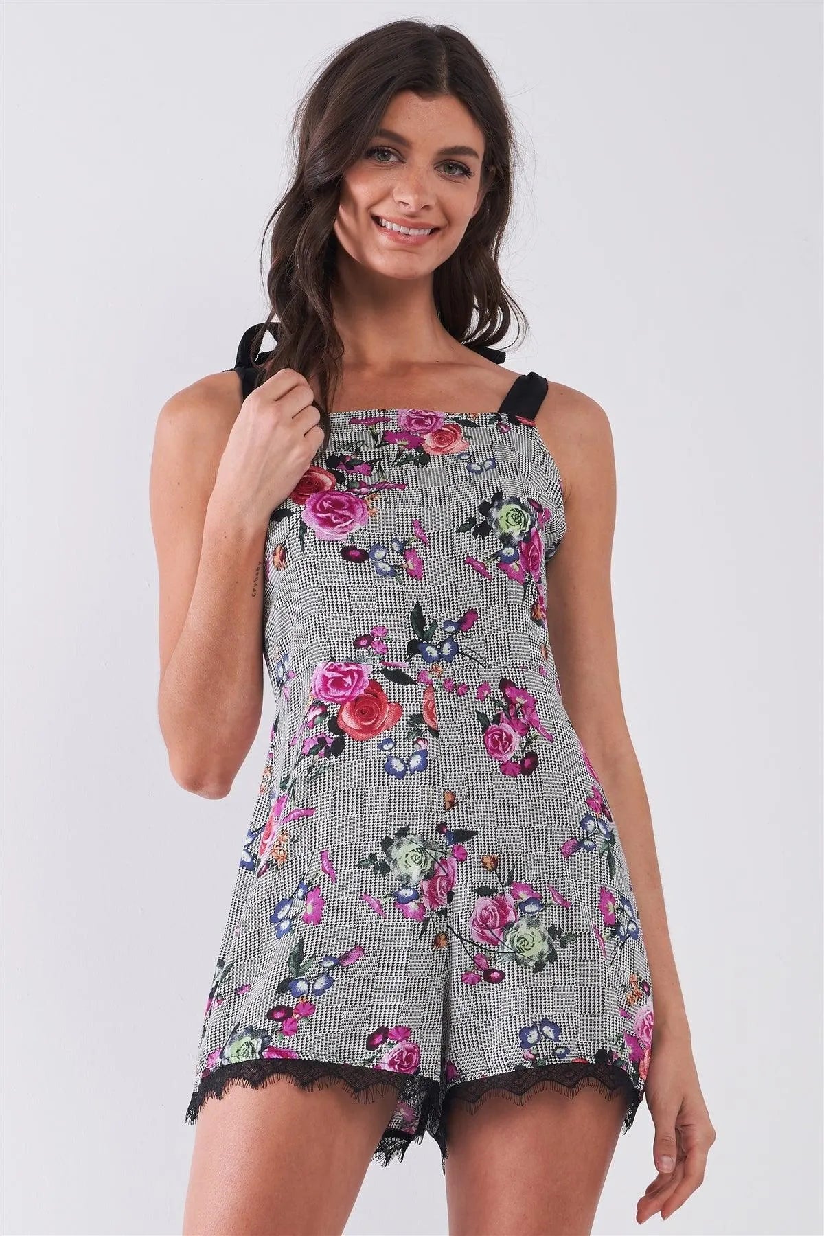 Purple & Multi Floral Print Sleeveless Square Neck Lace Trim Romper /2-1-2-1 - Tasha Apparel Wholesale