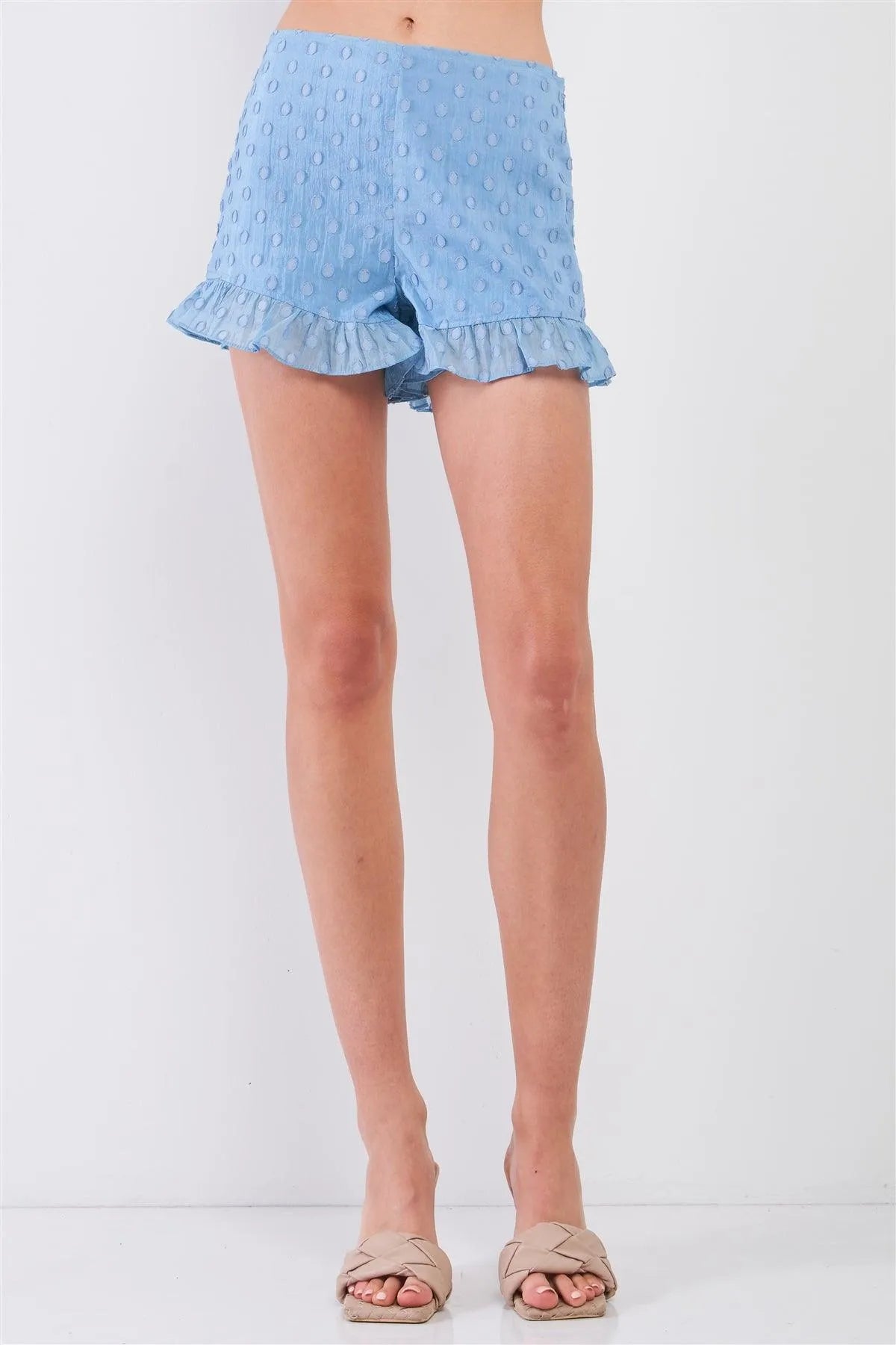 Sky Blue Polka Dot High-Waisted Ruffle Hem Shorts /2-2-2 - Tasha Apparel Wholesale
