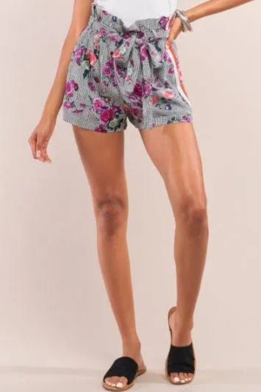 Floral Print High Waist Self-Tie Belt Relaxed Fit Mini Shorts - Tasha Apparel Wholesale