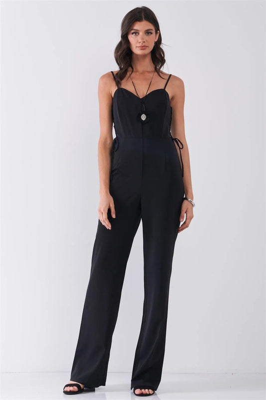 Black Sleeveless Sweetheart Neck Side Lace-Up High-Waisted Straight Leg Jumpsuit /1-2-2-1 - Tasha Apparel Wholesale