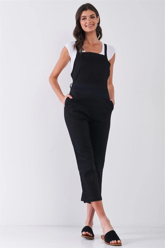 Black Sleeveless Square Neck Criss Cross Back Ankle Length Denim Jumpsuit /1-1-2-2 - Tasha Apparel Wholesale