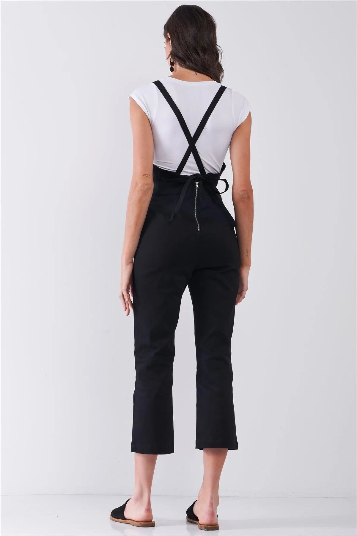 Black Sleeveless Square Neck Criss Cross Back Ankle Length Denim Jumpsuit /1-1-2-2 - Tasha Apparel Wholesale