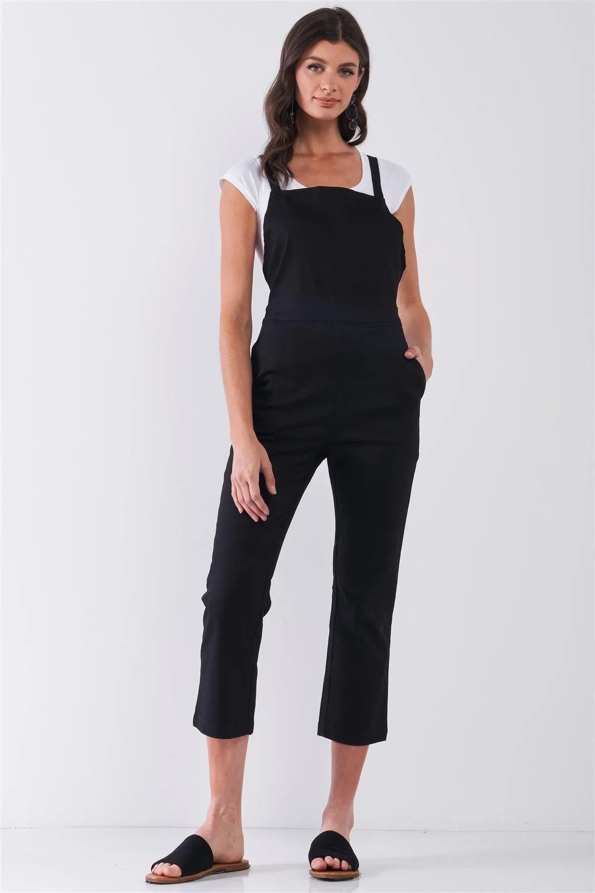 Black Sleeveless Square Neck Criss Cross Back Ankle Length Denim Jumpsuit /1-1-2-2 - Tasha Apparel Wholesale