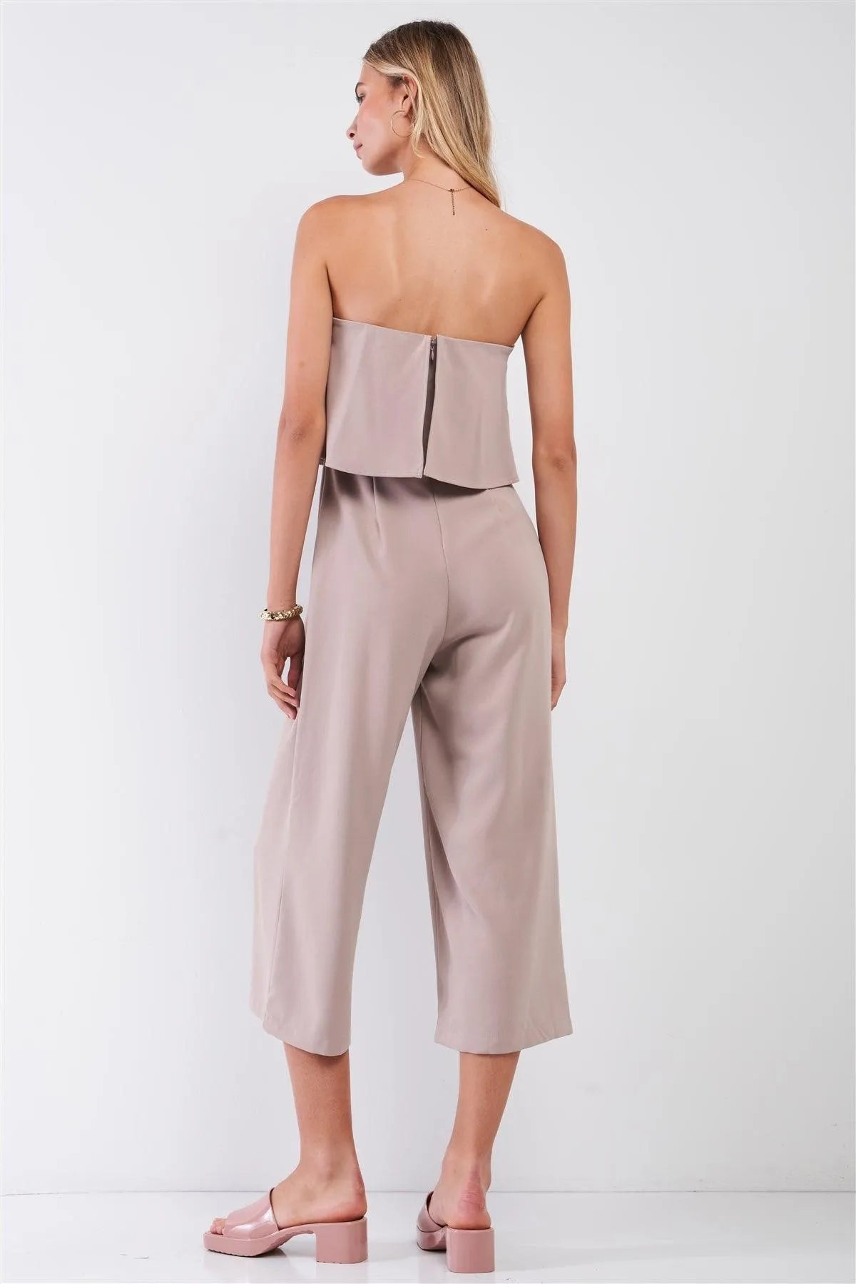 Mocha Strapless Layered Top High Waist Wide Leg Ankle Length Jumpsuit - Tasha Apparel Wholesale
