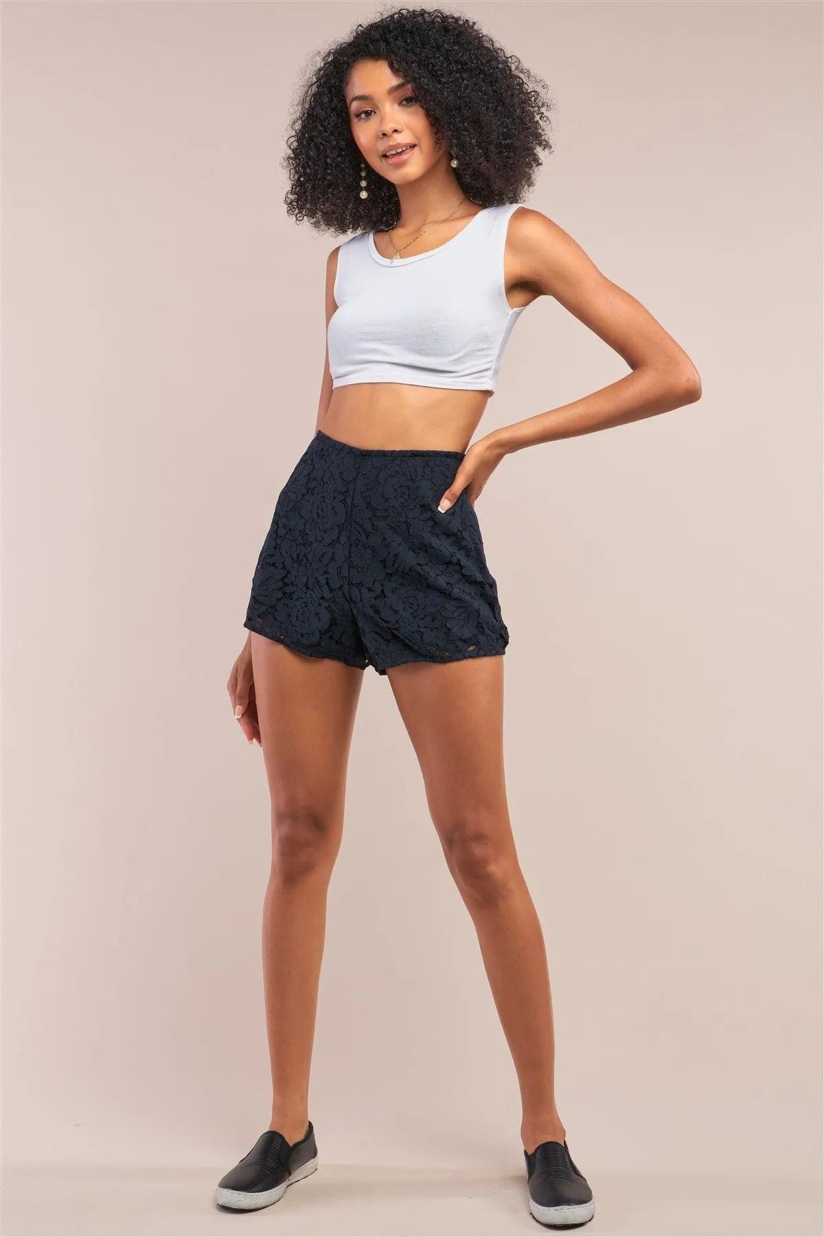 Navy Boho Crochet High Wasted Lined Mini Shorts /1-2-2-1 - Tasha Apparel Wholesale