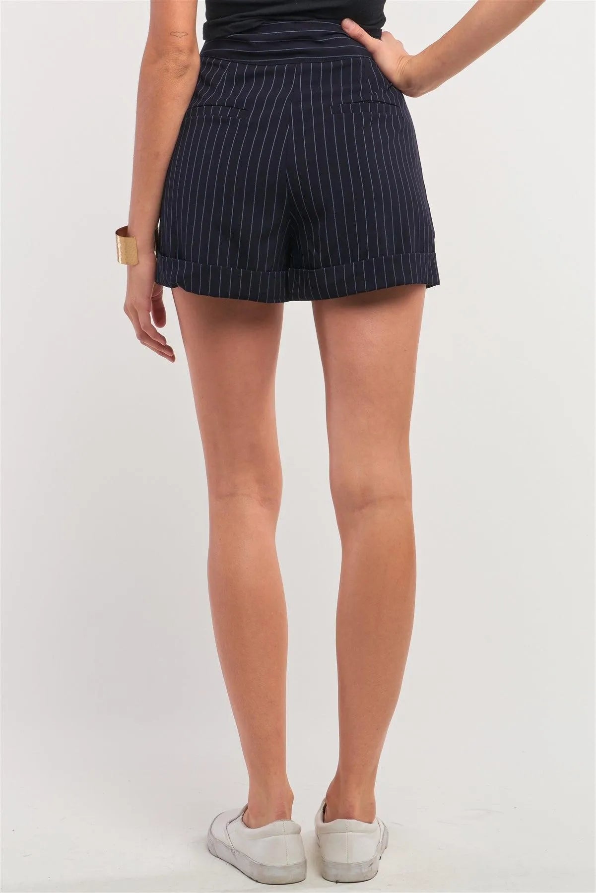Navy Pinstriped Self-Tie High Waist Detail Lapeled Mini Shorts /1-2-3-1 - Tasha Apparel Wholesale