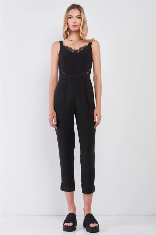 Black Sleeveless V-Neck Lace Trim Ankle Length Side Pocket Jumpsuit /2-2-1 - Tasha Apparel Wholesale