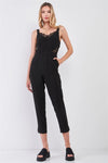 Black Sleeveless V-Neck Lace Trim Ankle Length Side Pocket Jumpsuit /1-2-2-1 - Tasha Apparel Wholesale