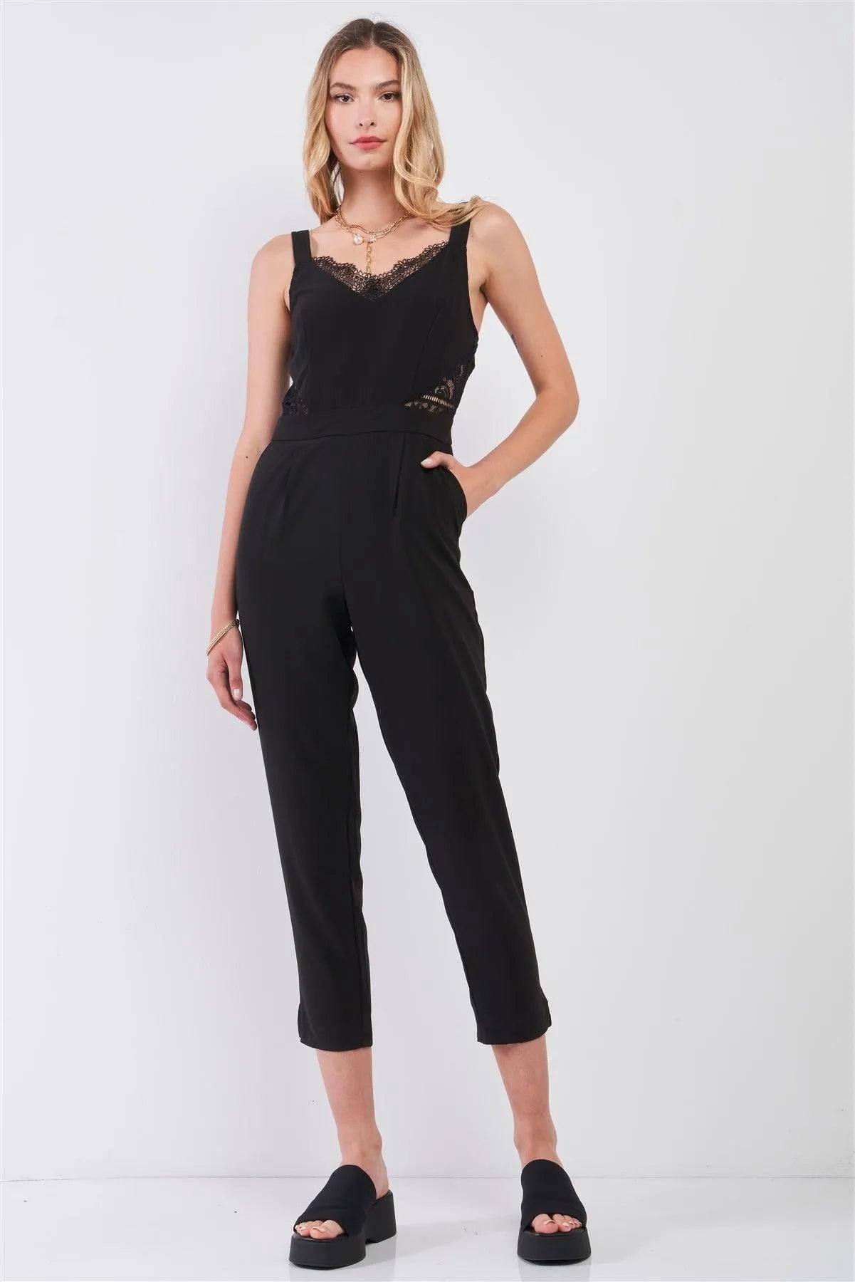 Black Sleeveless V-Neck Lace Trim Ankle Length Side Pocket Jumpsuit /1-2-2-1 - Tasha Apparel Wholesale