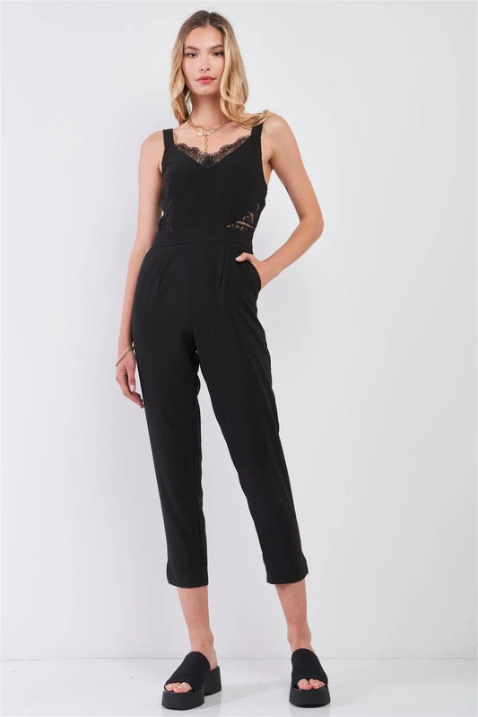 Black Sleeveless V-Neck Lace Trim Ankle Length Side Pocket Jumpsuit /1-2-2-1 - Tasha Apparel Wholesale