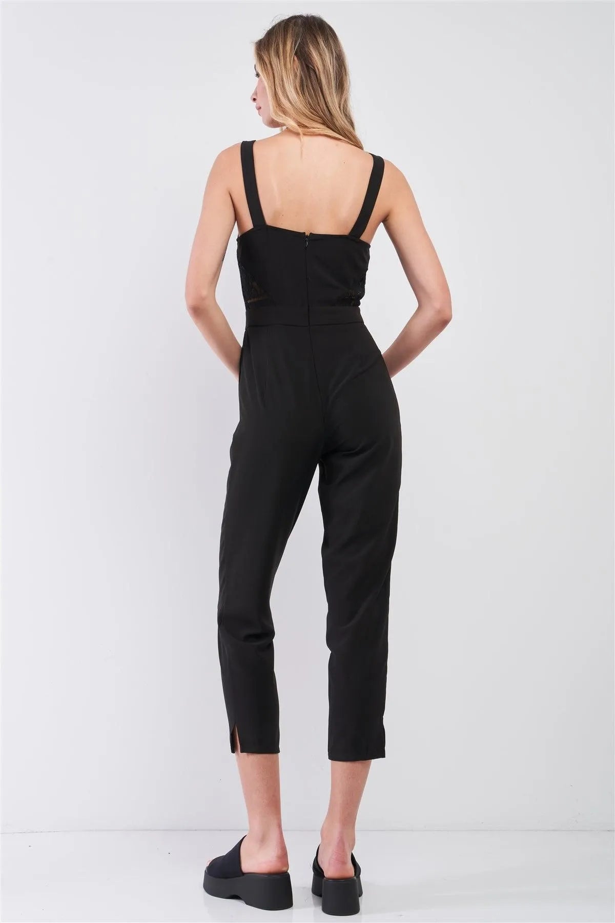 Black Sleeveless V-Neck Lace Trim Ankle Length Side Pocket Jumpsuit /1-2-2-1 - Tasha Apparel Wholesale