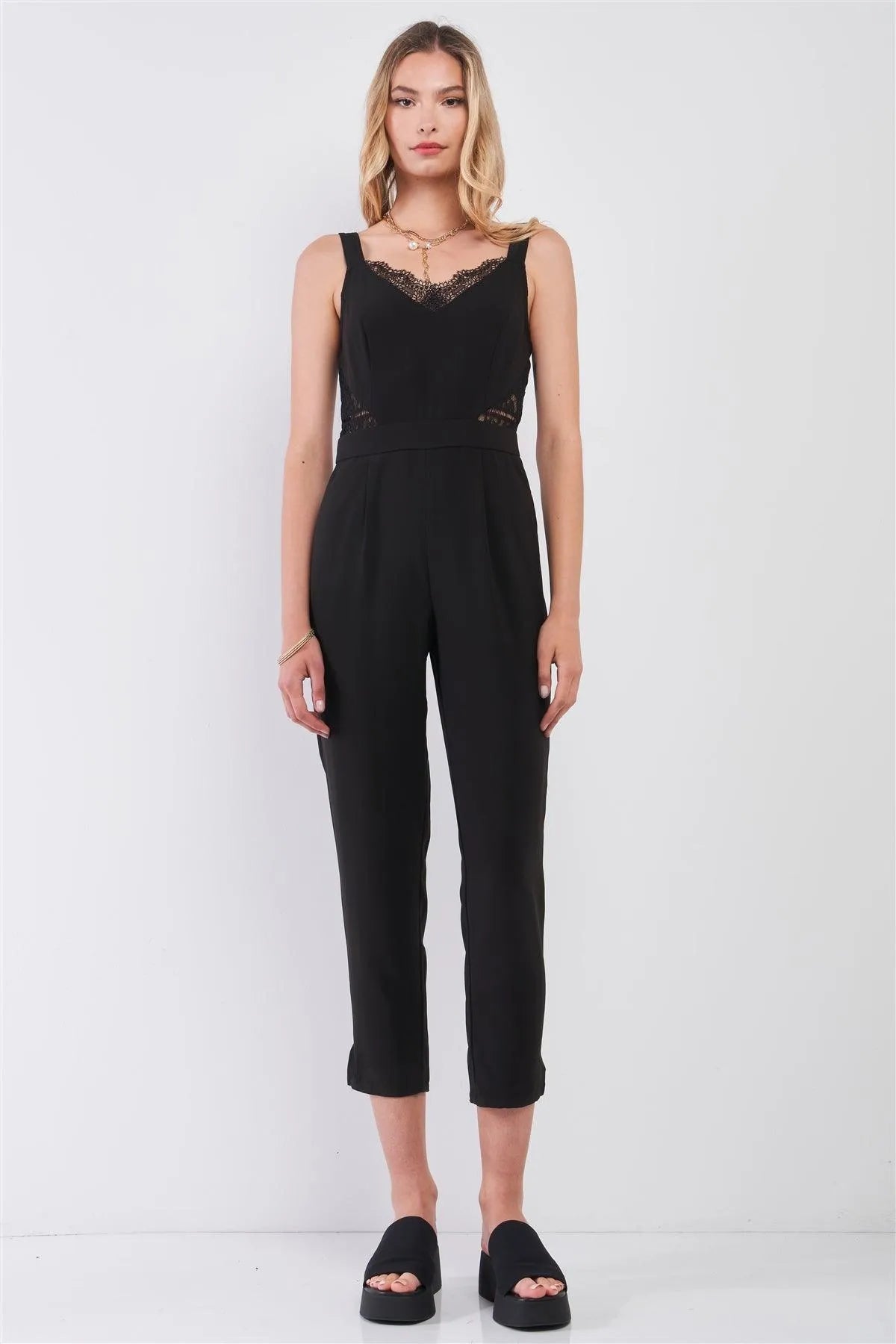 Black Sleeveless V-Neck Lace Trim Ankle Length Side Pocket Jumpsuit /1-2-2-1 - Tasha Apparel Wholesale