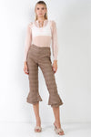 Brown Checkered High-Waisted Double Layered Ruffled Hem Capri Pants /1-2-2 - Tasha Apparel Wholesale