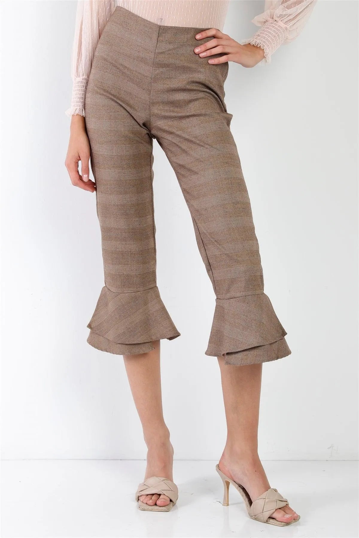 Brown Checkered High-Waisted Double Layered Ruffled Hem Capri Pants /1-2-2 - Tasha Apparel Wholesale